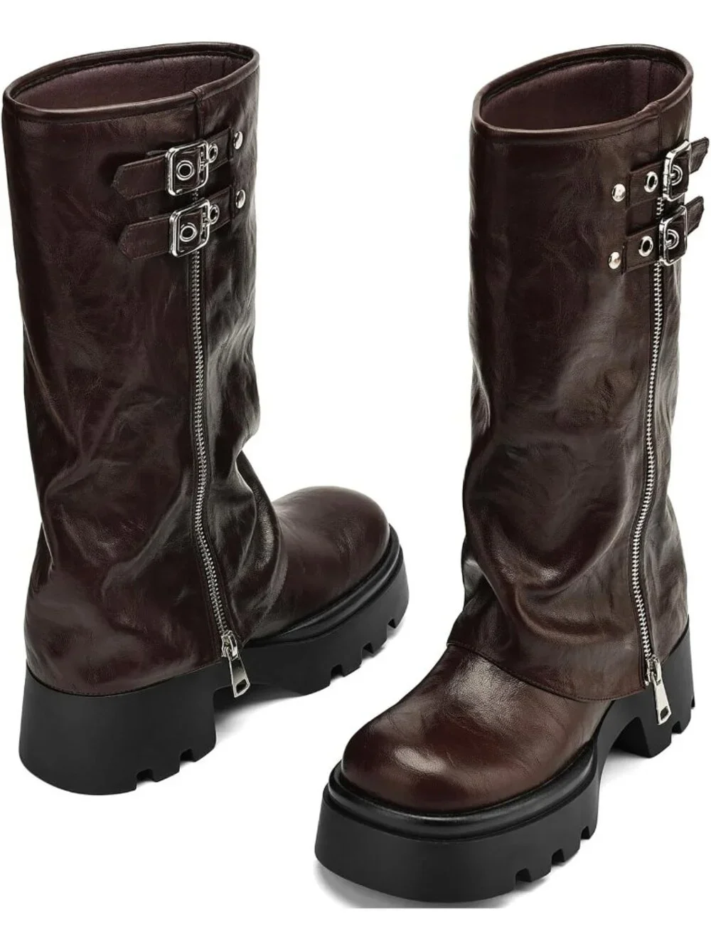 Women's Burgundy Leather Knee High Moto Boots Wide Calf Platform Buckle Boots - Picture 5 of 6